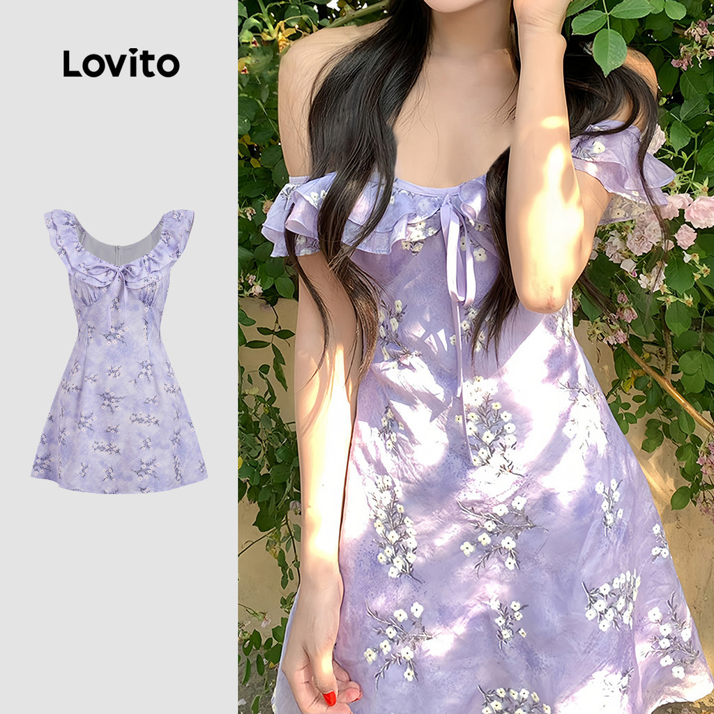 Lovito ชุดเดรสสีม่วงลายดอกระบายสไตล์ลําลองสําหรับฤดูร้อน/ฤดูใบไม้ผลิ L191AD117