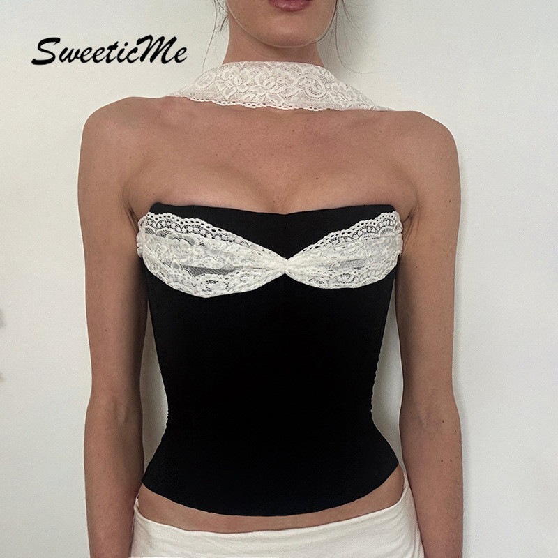 SweeticMe เสื้อสตรี 2026 ใหม่แฟชั่นสีตัดกันลูกไม้ Splicing Halter Camisole — صورة 2