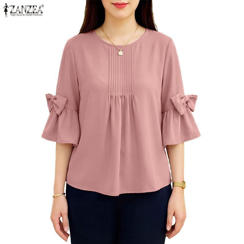 ZANZEA ซานเซีย ผู้หญิงแฟชั่นเกาหลีลําลองรอบคอ 3/4 แขนสองชั้น น่าระทึกใจ แขนจีบหลวมสีทึบเสื้อ