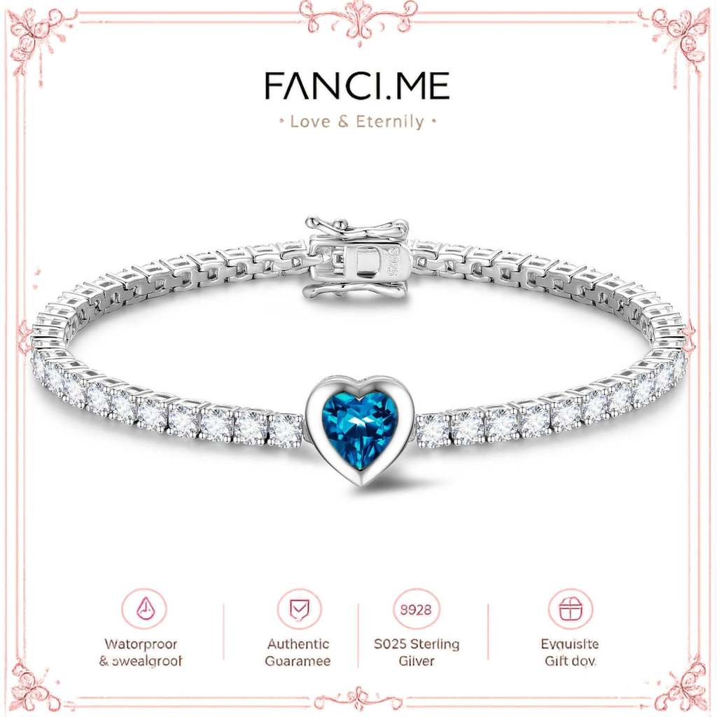 FANCIME "Axis" Heart Cut ธันวาคม Birthstone Topaz สร้อยข้อมือเทนนิสเงินสเตอร์ลิง