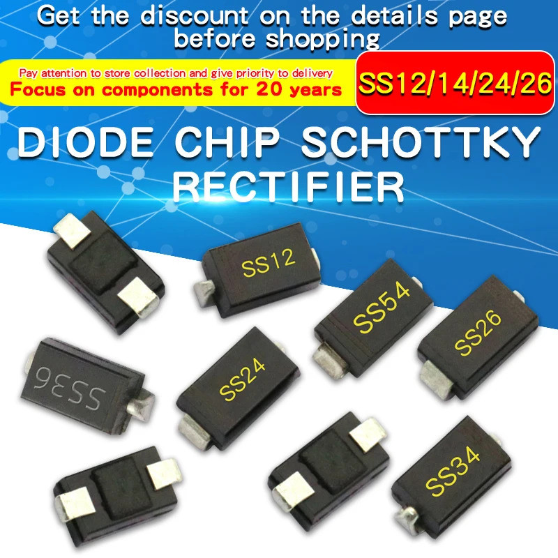 20PCS SMD Schottky ไดโอด SS12 SMA SS14 1N5819 SS24 SB240 SS26 SR260 SS54 1N5824 SS34 1N5822 SR360 SS36 SS110 SB1100 SS2200