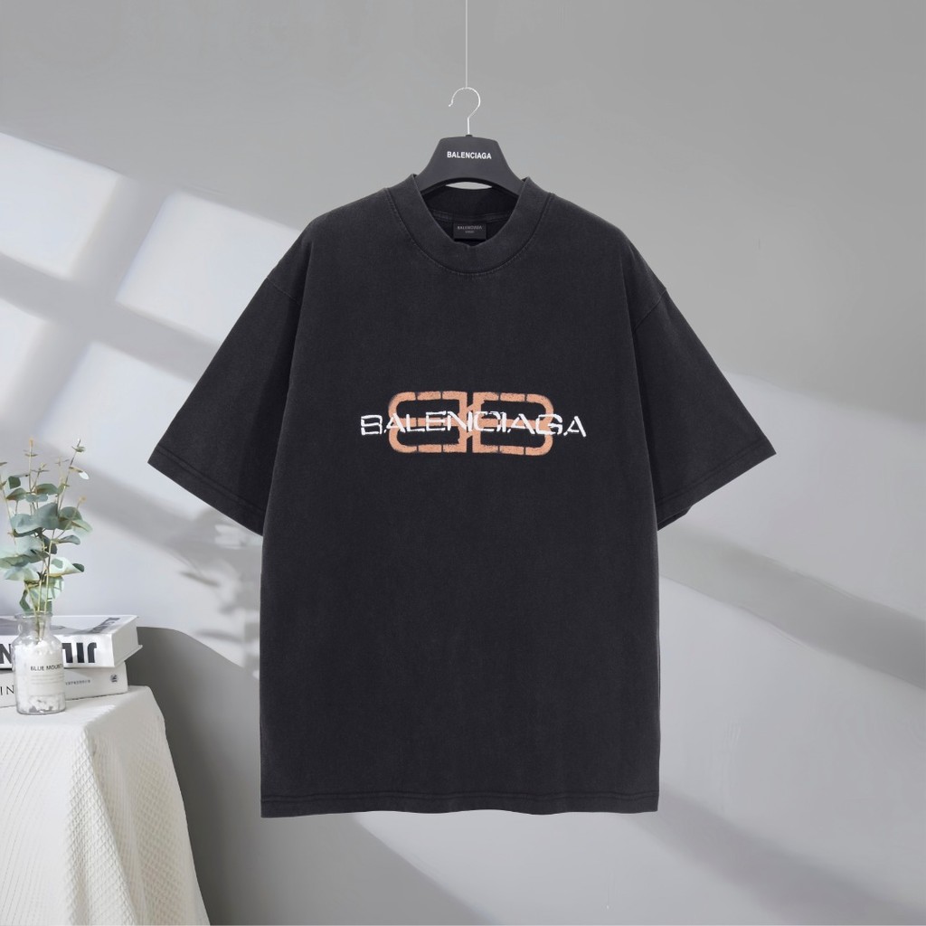 BALENCIAGA เสื้อยืดแขนสั้นฤดูร้อนขนาดใหญ่สไตล์คลาสสิก High-End Bottoming เสื้อกีฬาสไตล์เคาน์เตอร์สไต