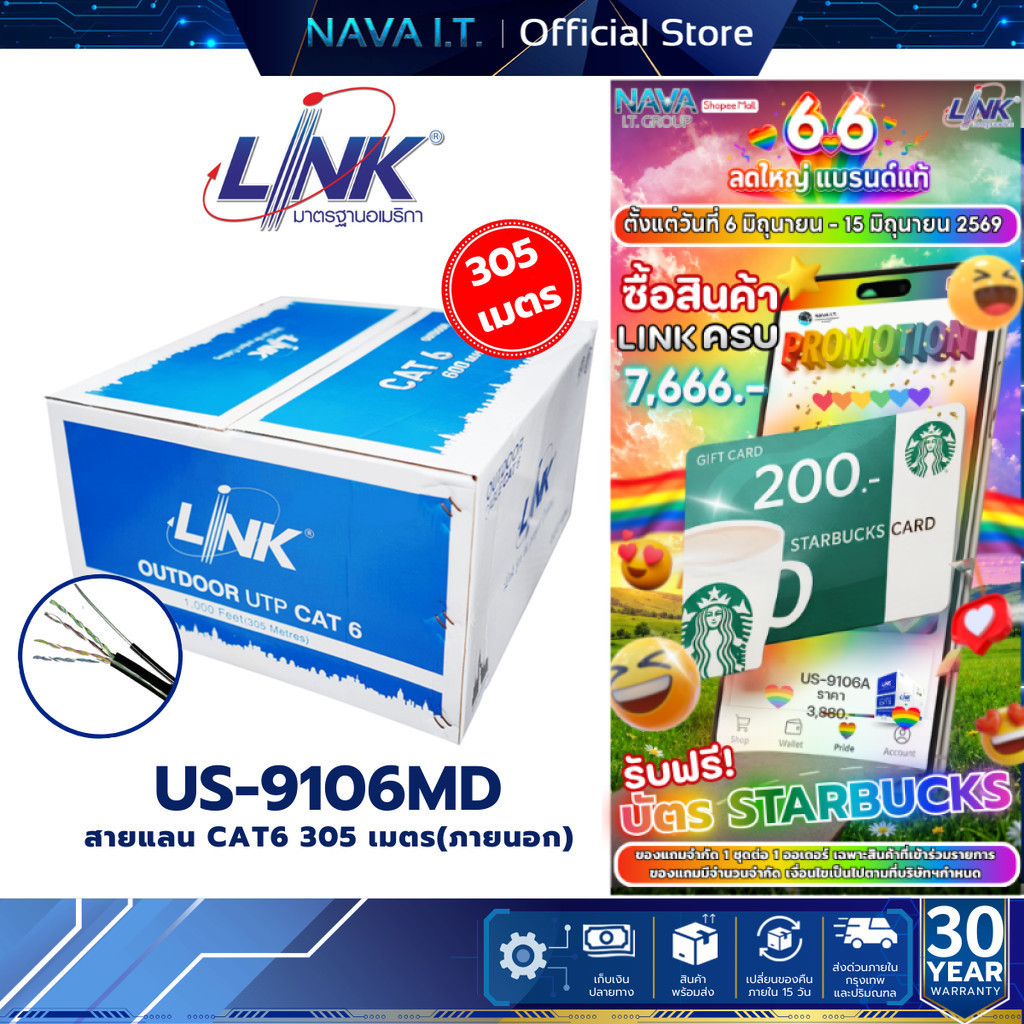 LINK US-9106MD สายแลนภายนอก มีลวดสลิง CAT6 UTP Cable สีดำ 305 เมตร