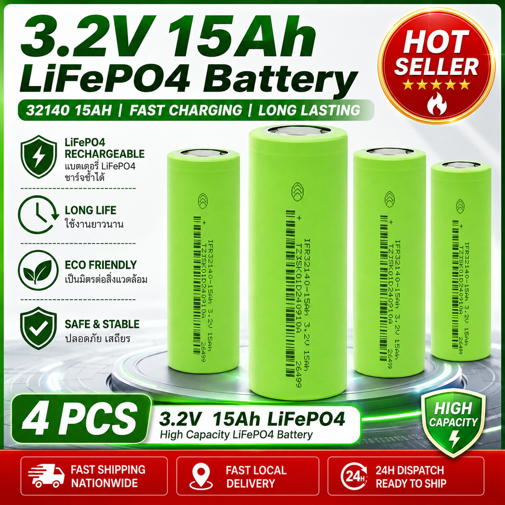 แบตเตอรี่ IFR32140 15Ah 3.2V LiFePO4 45A ถ่านชาร์จลิเธียมฟอสเฟต สำหรับโซล่าเซลล์ UPS ไฟถนนพลังงานแสงอาทิตย์ DIY