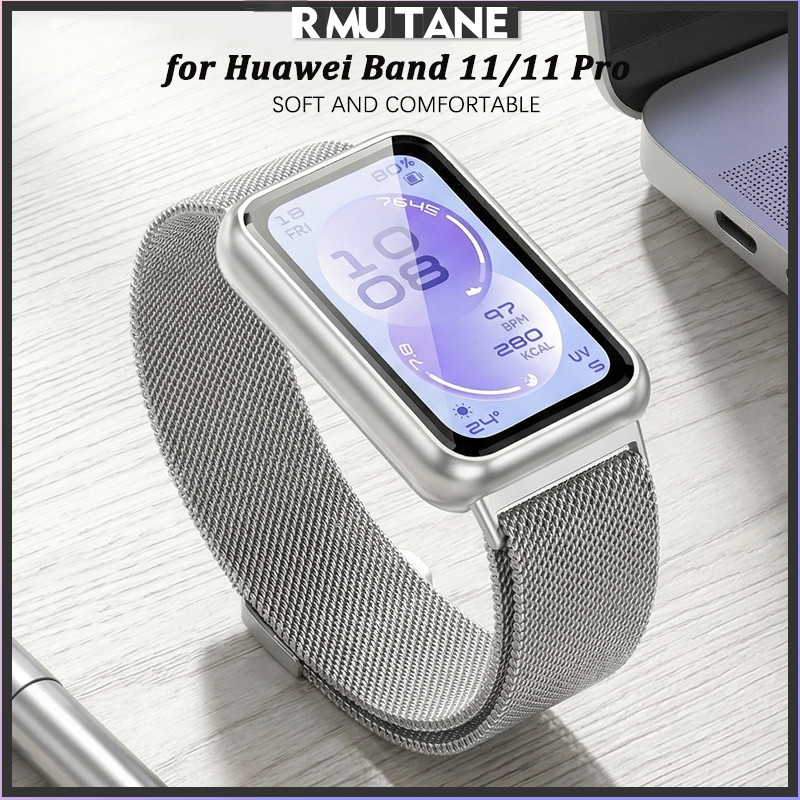 กรณีพีซีแก้วนิรภัย + สายรัดโลหะสแตนเลสสำหรับ for Huawei Band 11 / 11 Pro / 10 9 8 ปกป้องกันหน้าจอวงแม่เหล็กสำหรับ