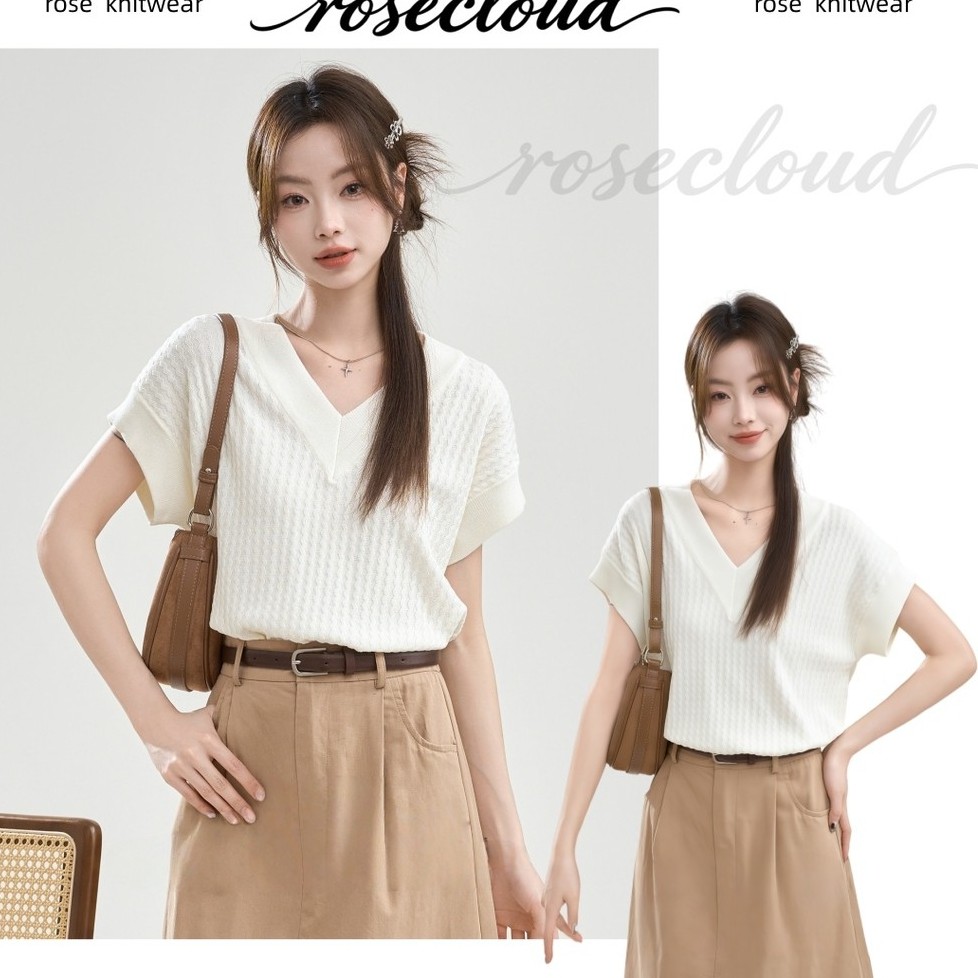 🌟rosecloud🌟สไตล์บางเบา ระบายอากาศได้ดี สำหรับฤดูร้อนเสื้อยืดผ้าไหมคอวีดีไซน์ใหม่ สไตล์เกาหลี สีพื้น เนื้อผ้านุ่มสบาย ทรง