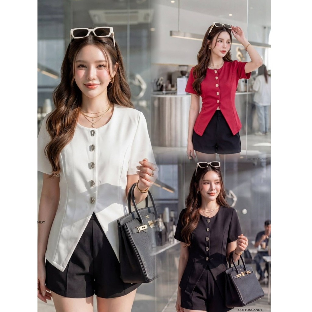 #Cotton Candy 🍭เสื้อแขนสั้นกระดุมสวยผ้าเด้ง New Vanita korea top