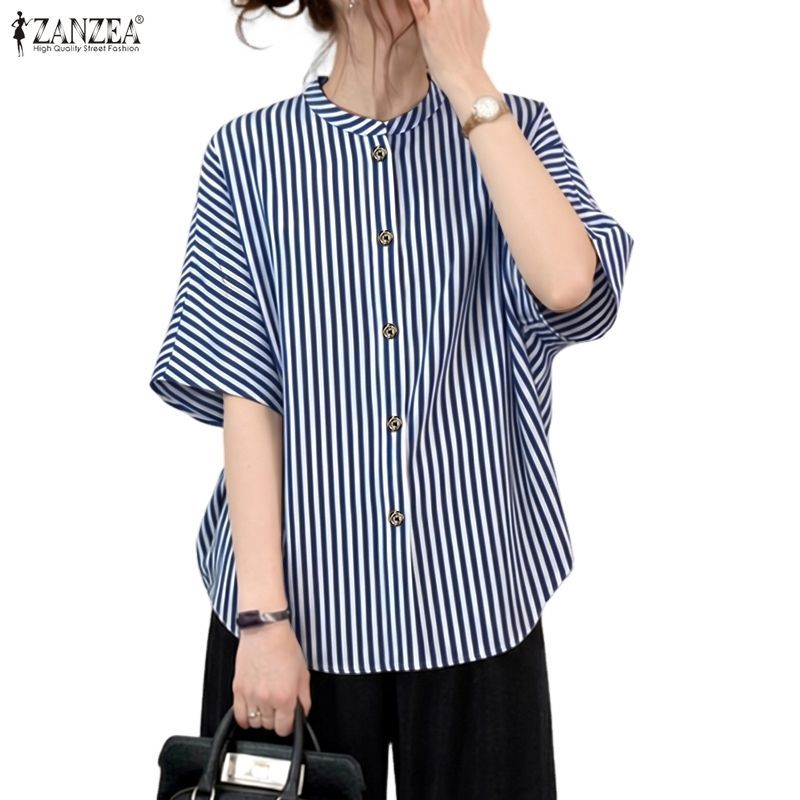 ZANZEA เสื้อเชิ้ตพิมพ์ลายคอกลมครึ่งแขนลายทางสไตล์เกาหลีสําหรับผู้หญิง