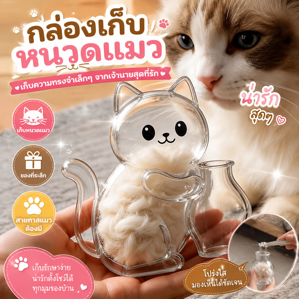 กล่องเก็บหนวดแมวติดแม่เหล็ก ของใช้สัตว์เลี้ยง กล่องใสใส่หนวด ติดตู้เย็น ดีไซน์น่ารัก สำหรับแมว