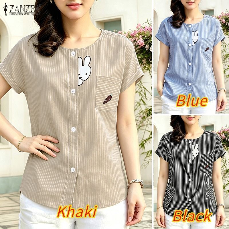 ZANZEA ผู้หญิงเกาหลีฤดูร้อนสบายๆลูกเรือคอ Raglan แขนกระต่ายพิมพ์ปุ่มขึ้นเสื้อลาย — صورة 3