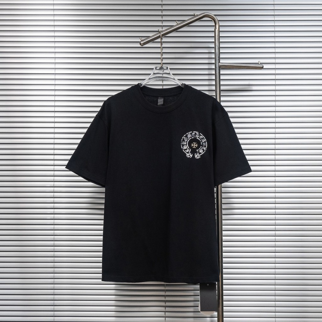 1O7D Chrom*CH Short-sleeve couple's T-shirt with Sanskrit horseshoe patch and metal cross embroidery