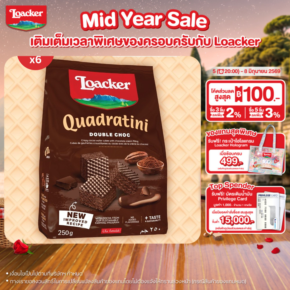 ล็อคเกอร์ ควอดราตินี  ดับเบิ้ล ช็อก 250 กรัม แพ็ก 6 ชิ้น / Loacker Quadratini Double Choc 250 g  x 6