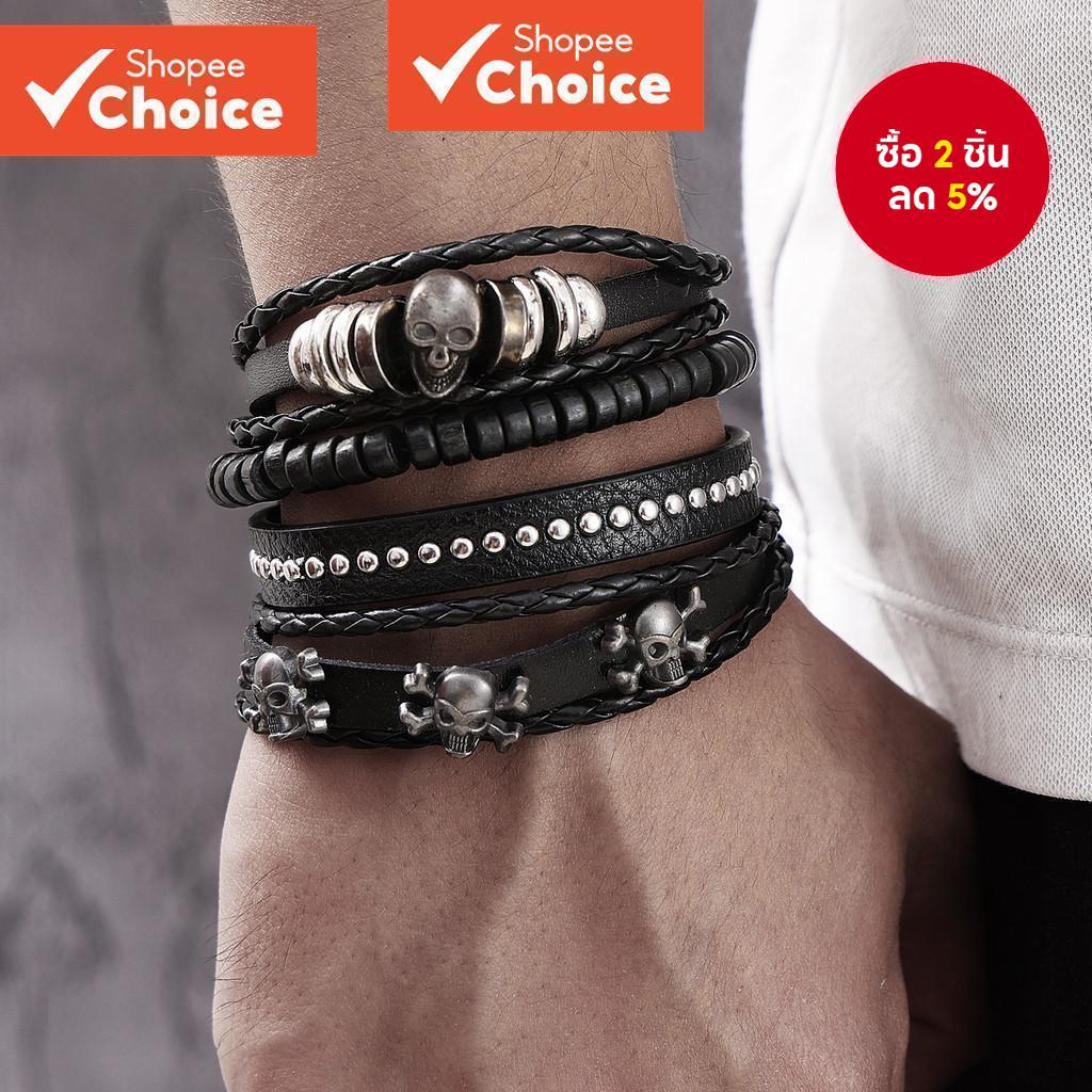 ชุดสร้อยข้อมือหนัง Punk Skull 4 ชิ้นสําหรับผู้ชาย - สายรัดข้อมือ Gothic Rivets Rock เครื่องประดับสําหรับสวมใส่ทุกวัน