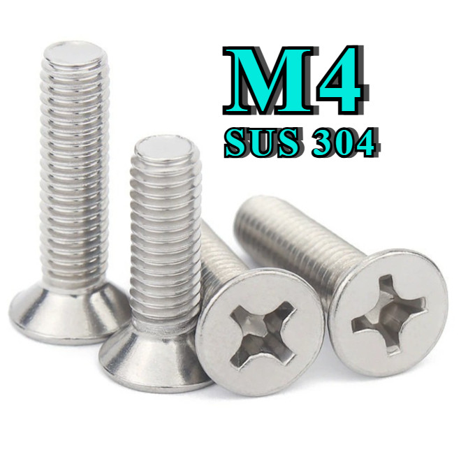 น็อต สกรู หัวเตเปอร์ แฉก F+ สแตนเลส 304 เกลียวมิล หยาบ M4 / Flat Head Phillip Machine Screw [DL]