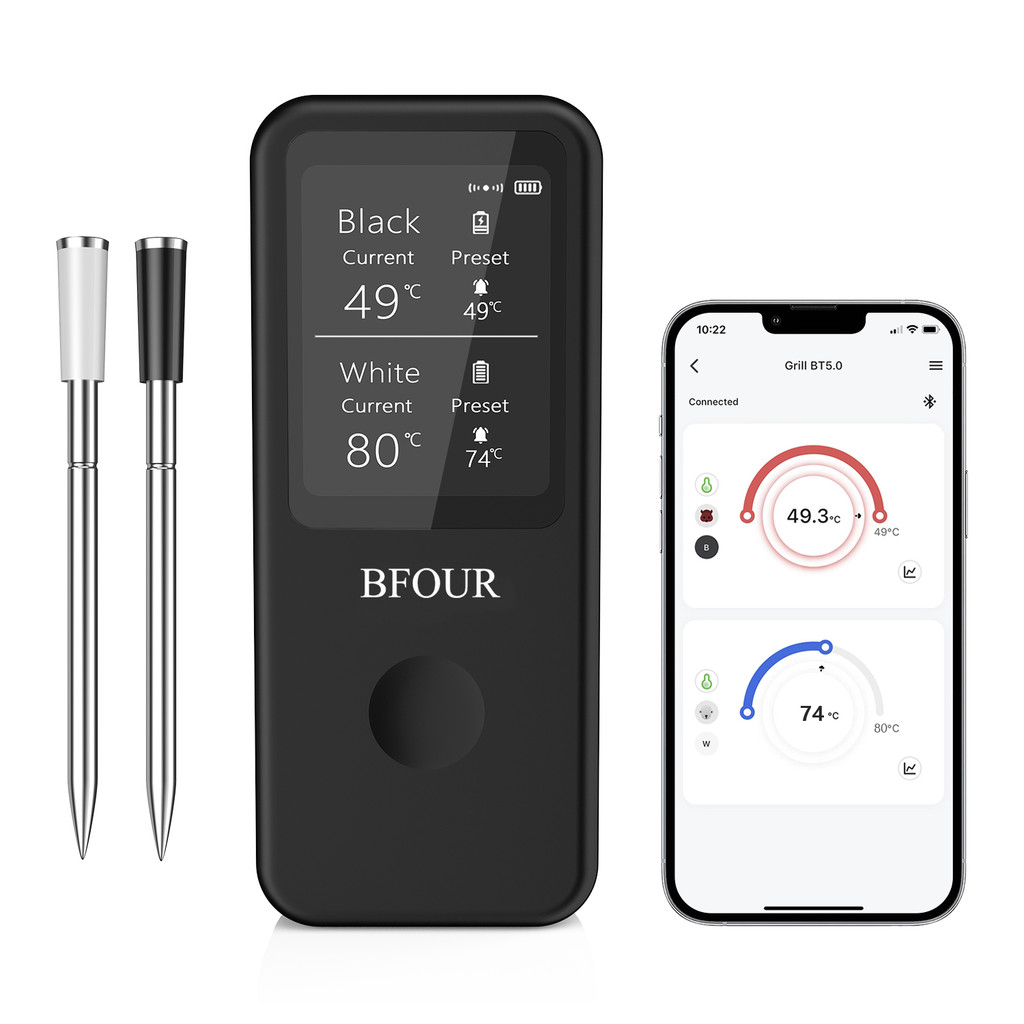 BFOUR BF-60 เครื่องวัดอุณหภูมิเนื้อไร้สายพร้อมโพรบคู่, เครื่องวัดอุณหภูมิบาร์บีคิวบลูทูธอัจฉริยะสําหรับย่าง, เตาอบและควัน