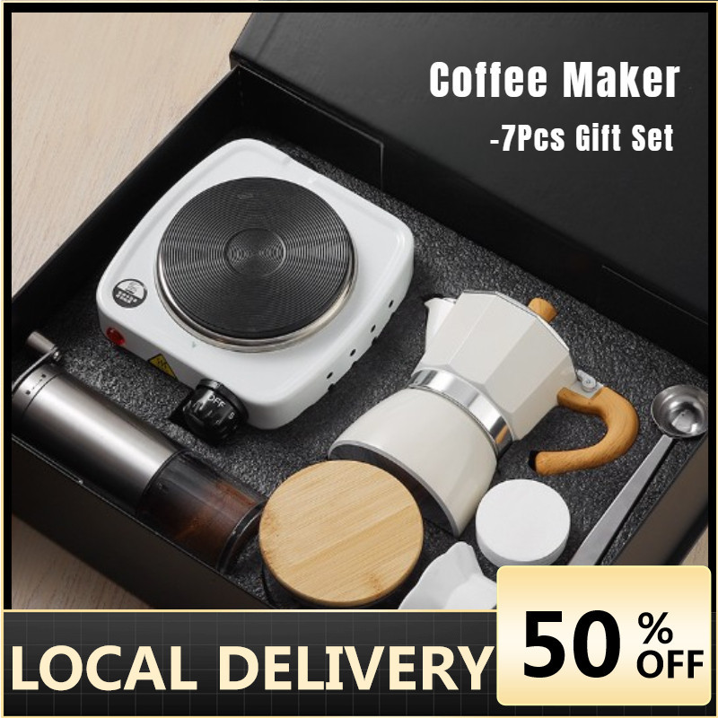 สต็อกในพื้นที่ ชุดเครื่องชงกาแฟ 7 ชิ้น ชุดเครื่องชงกาแฟ Moka Pot อุปกรณ์กาแฟเอสเปรสโซแบบชงด้วยมือแบบพกพา