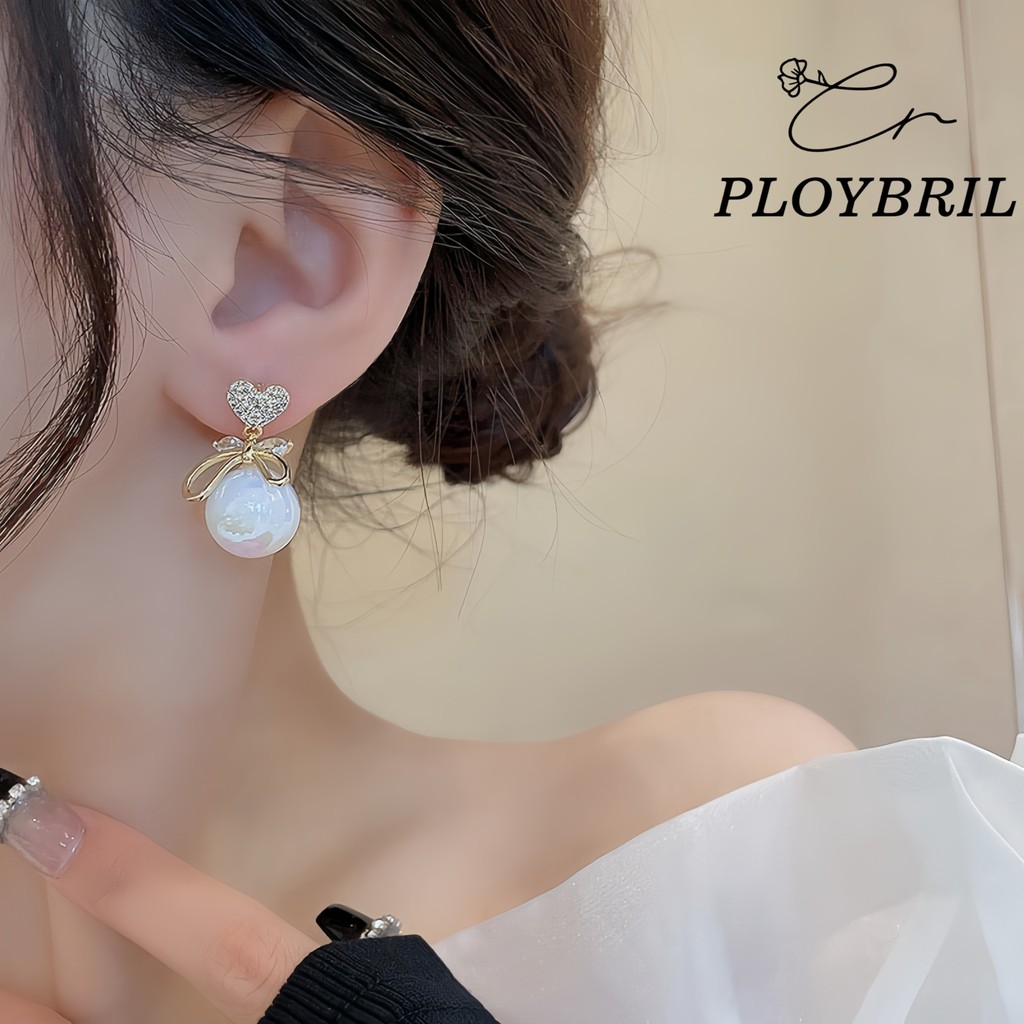 PLOYBRIL ใหม่ ต่างหูเข็มเงิน 925 ประดับมุก รูปหัวใจ นางเงือก หรูหรา เครื่องประดับแฟชั่น E091