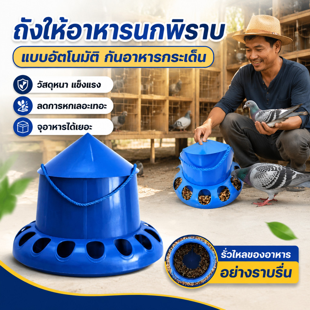 ถังอาหารไก่ เครื่องให้อาหารไก่อัตโนมัติ รางให้อาหารนกพิราบ ป้องกันการรั่วไหล ป้องกันการหก กันรั่ว