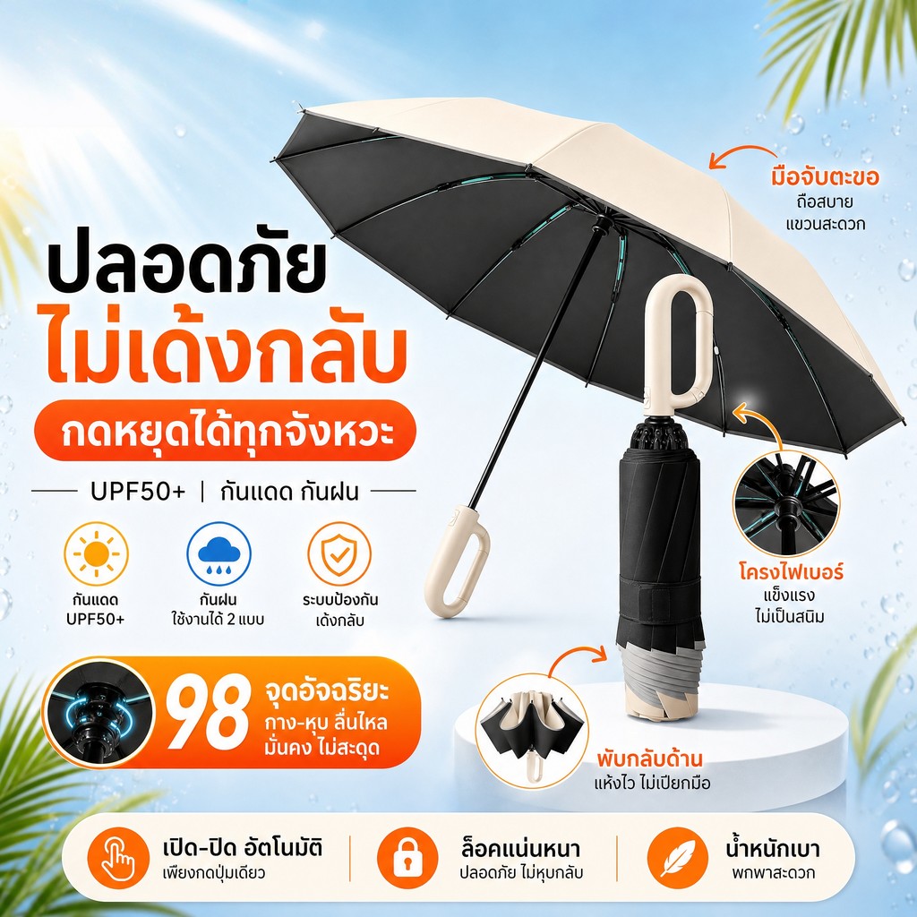 ร่มออโต้กลับด้าน กันแดดกันฝน UPF50+ ด้ามห่วงแขวน ไม่เปียกรถ หดทีละขั้น ปลอดภัย โครง10ก้าน ไฟเบอร์ พกพาง่าย แข็งแรง กันลม