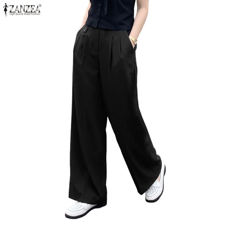 ZANZEA ใส่ ซานเซีย ผู้หญิงเกาหลีมินิมอลเอวสูงกลับเอวยางยืดจีบหลวมกางเกงขากว้างธรรมดา