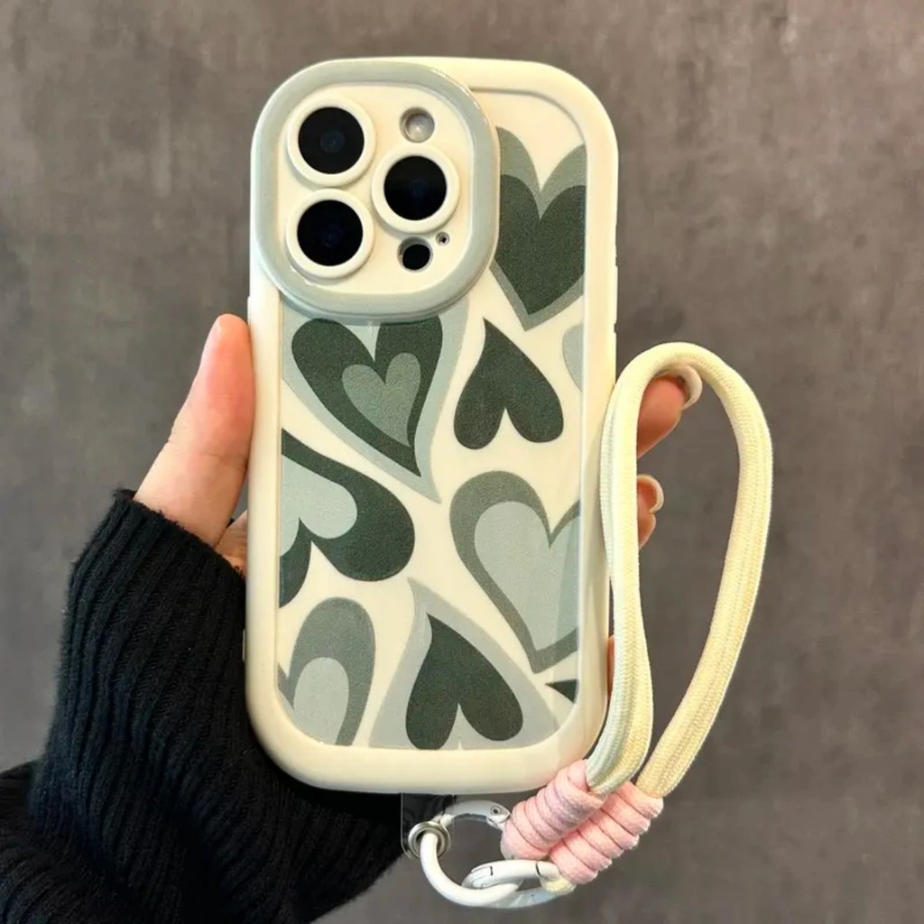 เคสโทรศัพท์แบบมีเชือกคล้องสำหรับ IPhone 15 11 13 12 14 16 17 Air Pro Max XR Max 7 8 หัวใจเขียว แรงดึ