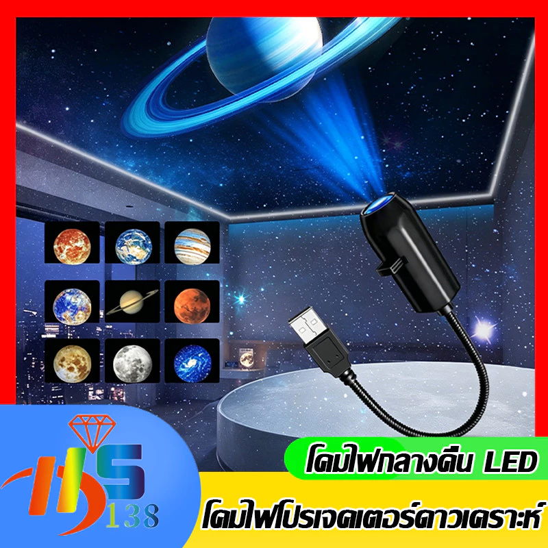 เครื่องฉายจักรวาล โปรเจคเตอร์ โปรเจคเตอร์เปลี่ยนลายท้องฟ้าได้ โปรเจคเตอร์ดาวเคราะห์ 360° หมุนได้ USB แต่งห้อง