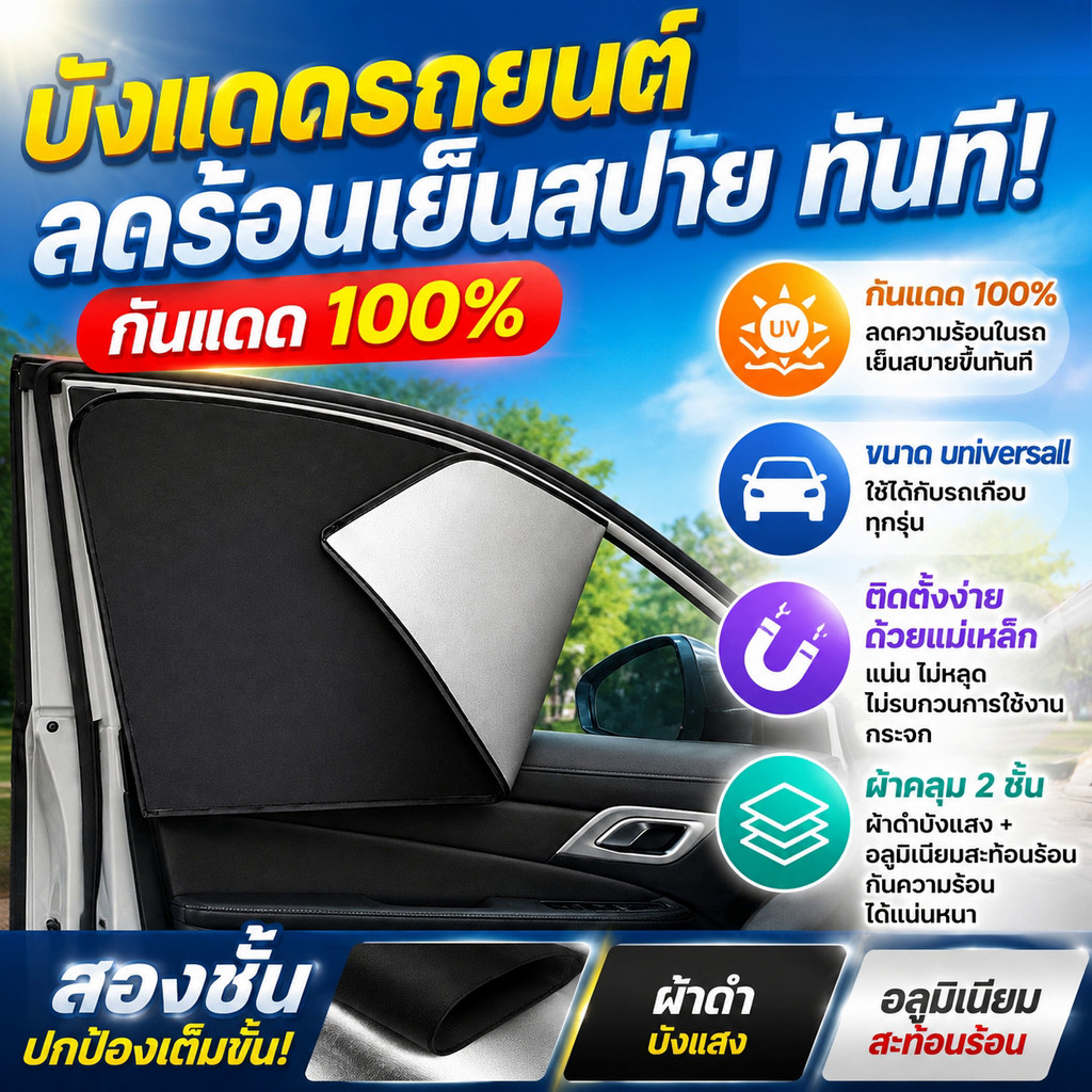 ม่านบังแดดข้างหน้าต่างรถยนต์ แบบแม่เหล็ก ผ้าหนาเคลือบเงิน กันความร้อน กันยูวี ปกปิดความเป็นส่วนตัว ติดตั้งง่าย ไม่ใช้กาว