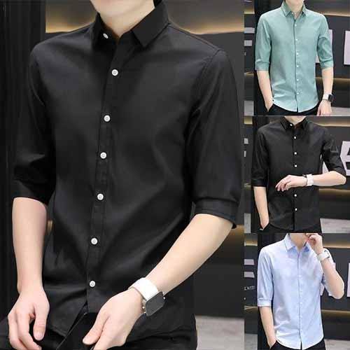 เสื้อแขน3/4ผู้ชาย ลายสไตล์เกาหลี สลิมฟิต ผ้าไหมน้ำแข็ง เหมาะสำหรับใส่ทำงานหรือลำลอง