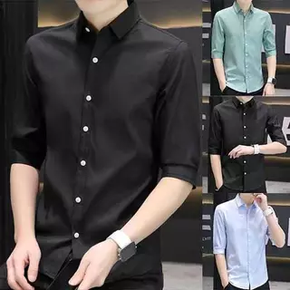 ZENOX เสื้อแขน3/4ผู้ชาย ลายสไตล์เกาหลี สลิมฟิต ผ้าไหมน้ำแข็ง เหมาะสำหรับใส่ทำงานหรือลำลอง