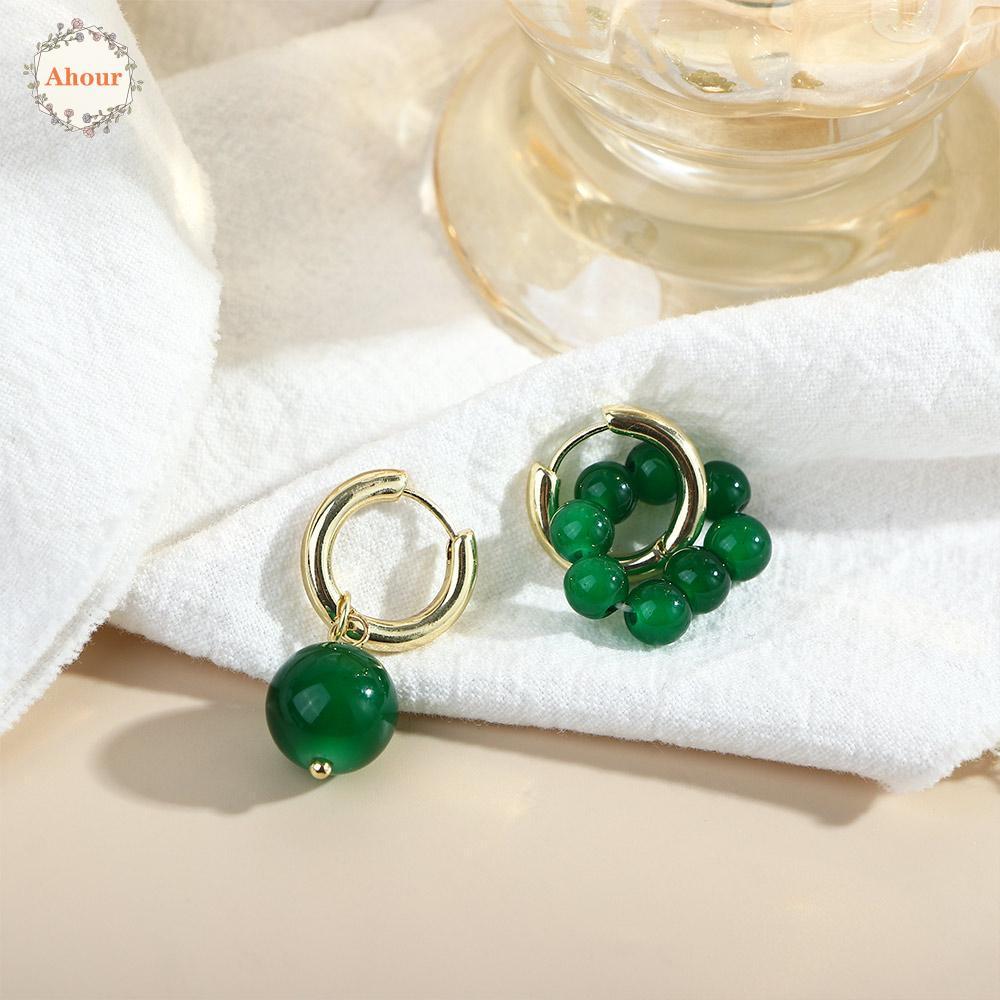 AHOUR อุปกรณ์เครื่องประดับเกาหลี Lady Party Daily Green Bead Fashion Design Sweet Ear Buckle
