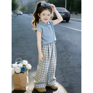 [ML] 80-180CM Girls Fashion Casual POLO Shirt กางเกงลายสก๊อตฤดูร้อนสไตล์ใหม่เด็กใหญ่แฟชั่นเกาหลีรุ่นอินเทรนด์ Influencer เสื้อผ้า