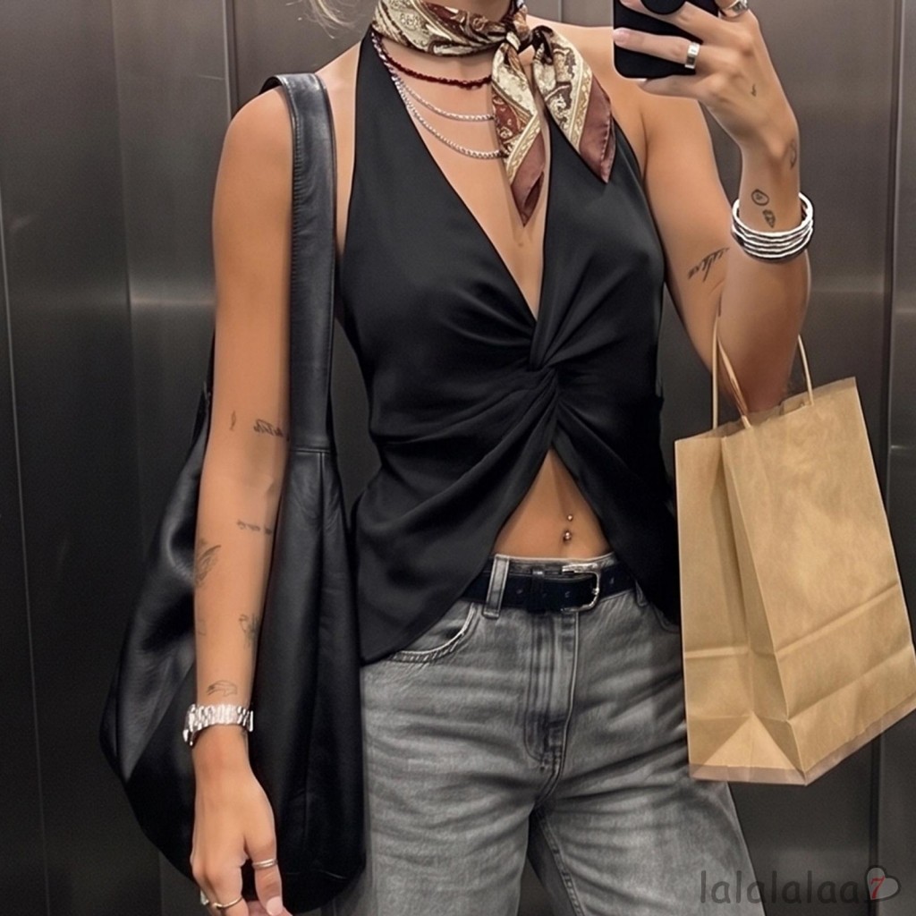 LAA7-เสื้อกล้ามคล้องคอสําหรับผู้หญิงสีทึบแขนกุดบิดด้านหน้าทรงสลิมฟิตสําหรับทุกวัน