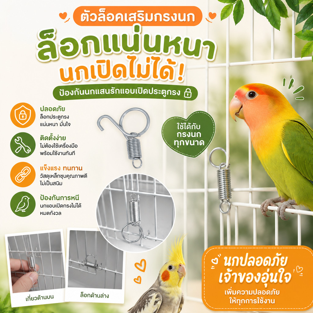 Parrot.thailand ตัวล็อกกรงนก สปริงล็อกประตูเสริม ป้องกันนกเปิดหนี ล็อกแน่นหนา