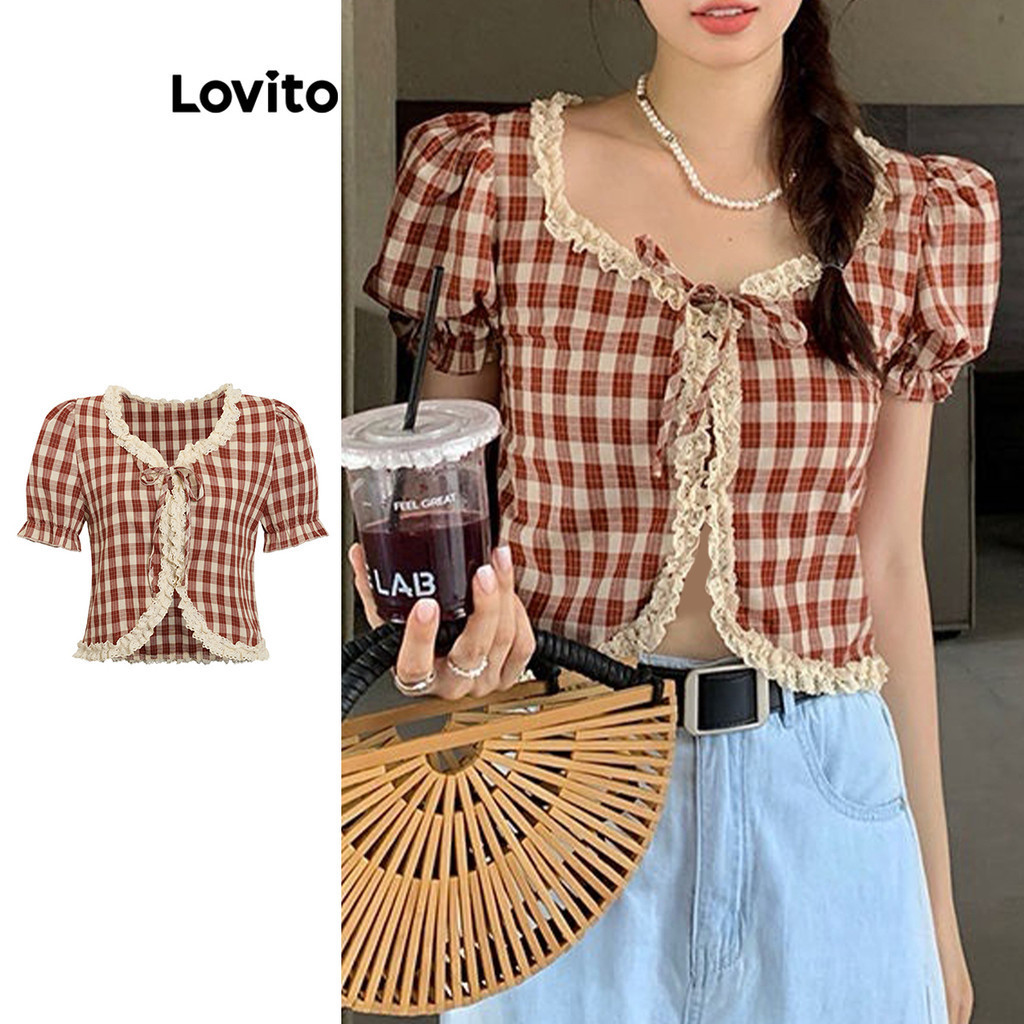 Lovito เสื้อลูกไม้ลายสก็อตผู้หญิง  สไตล์ ลำลอง L106AD357
