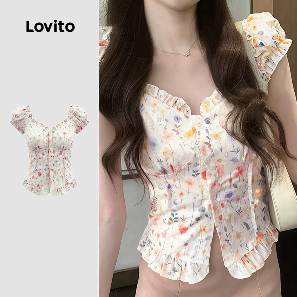 Lovito เสื้อเบลาส์ลําลอง คอระบาย กระดุม สีชมพู สําหรับผู้หญิง LK4ED627