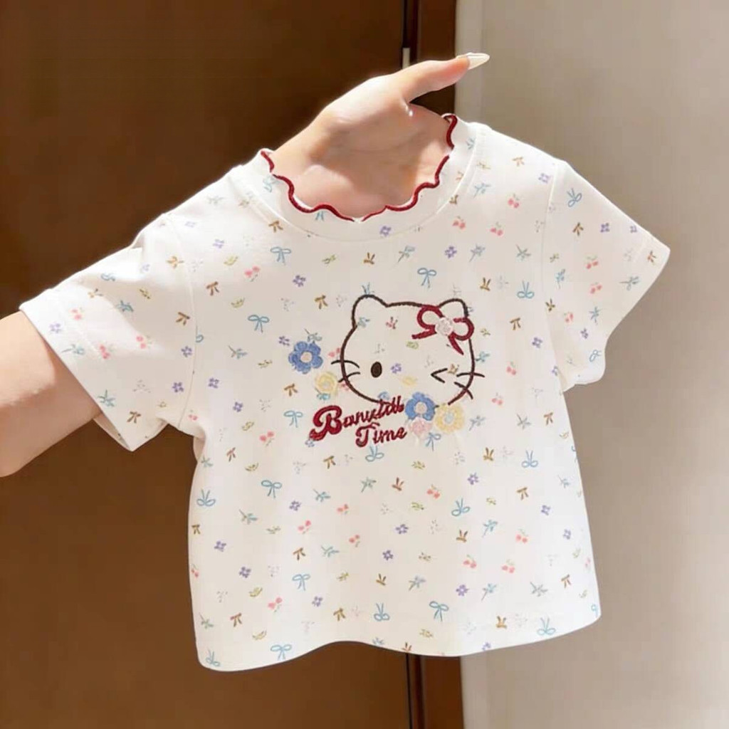สาวกุทัณฑ์แมวแขนสั้นเสื้อยืดฤดูร้อนสไตล์ใหม่เด็กสาวบางสไตล์ผ้าฝ้ายแท้สบายระบายอากาศครึ่งแขนด้านบนสาวน้อยปกคลื่น