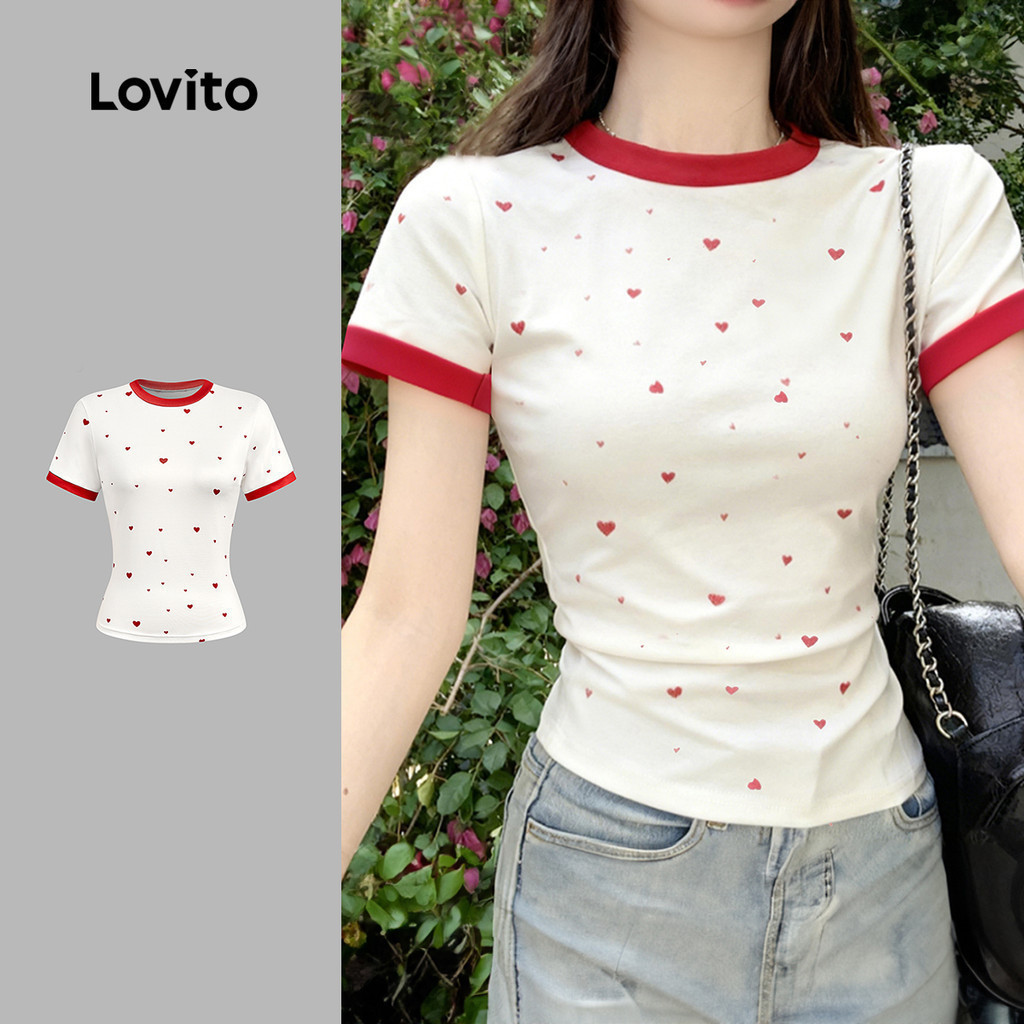 Lovito เสื้อยืดน่ารักลายหัวใจสีสันสดใสสำหรับวันสงกรานต์ สีแดงขาว สำหรับผู้หญิง เหมาะสำหรับฤดูใบไม้ผลิ/ฤดูร้อน L173AD173
