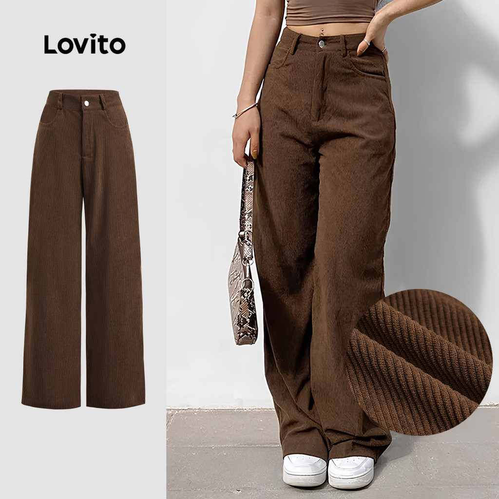 Lovito กางเกงลําลองกระเป๋าซิปกางเกงผ้าลูกฟูกสําหรับผู้หญิง LBL23492