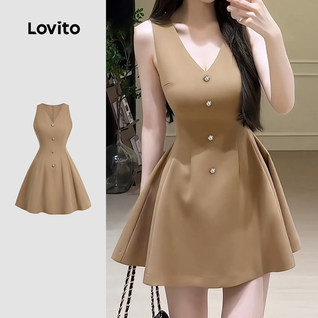 Lovito ชุดเดรสหรูหราปุ่มด้านหน้า โครงสร้างเส้นสาย มุก เจาะชุดฤดูใบไม้ผลิ/ฤดูร้อน สีกาแฟ L138ED427