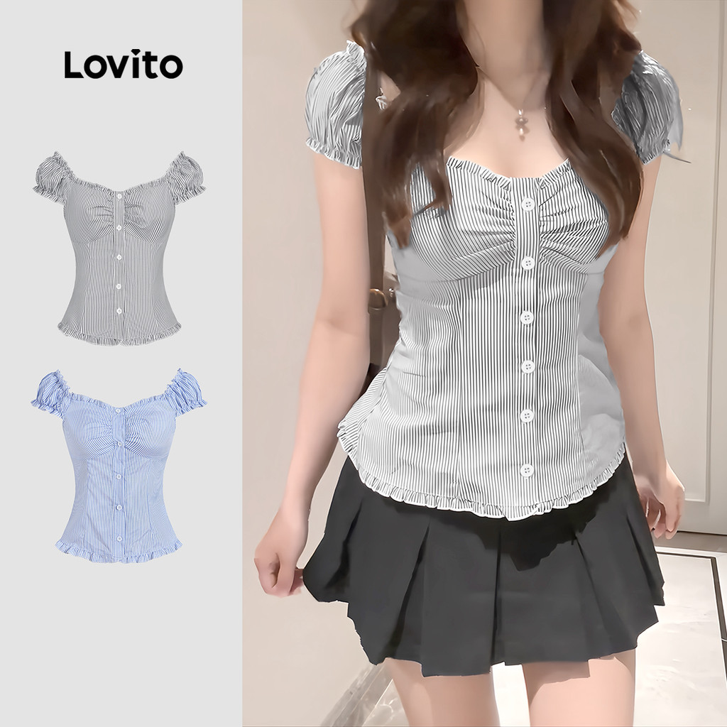 (แคชชวล) Lovito เสื้อเบลาส์จับจีบกระดุมลายทางแบบสําหรับผู้หญิง L133AD630