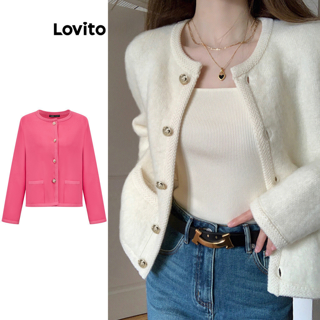 Lovito เสื้อคารดิแกนผู้หญิง กระดุมหน้า มีกระเป๋า สีพื้น สไตล์ลำลอง LNA30039 (หลากสี)