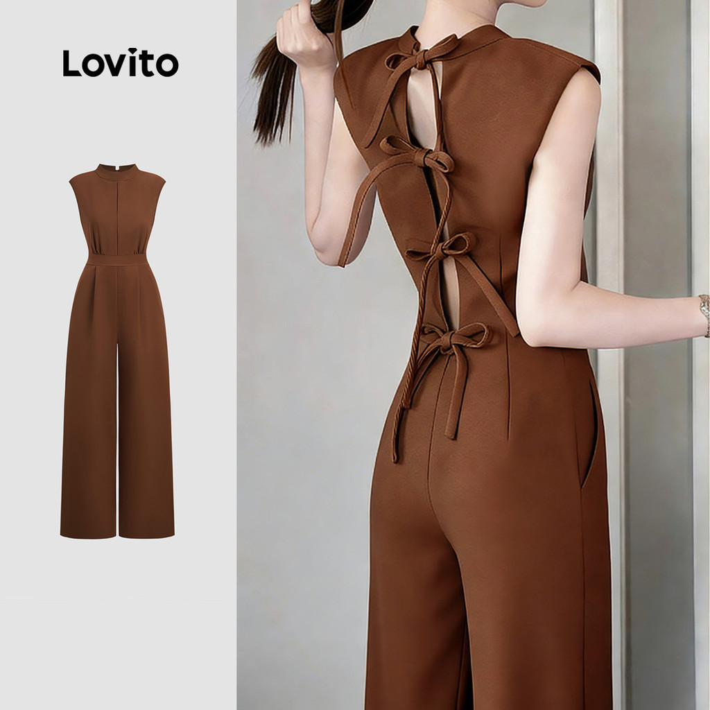 Lovito จั๊มพ์สูทสีน้ําตาลผูกโบว์ด้านหลัง ทรงสุภาพ สําหรับผู้หญิง เหมาะสําหรับฤดูใบไม้ผลิและฤดูร้อน L184ED841
