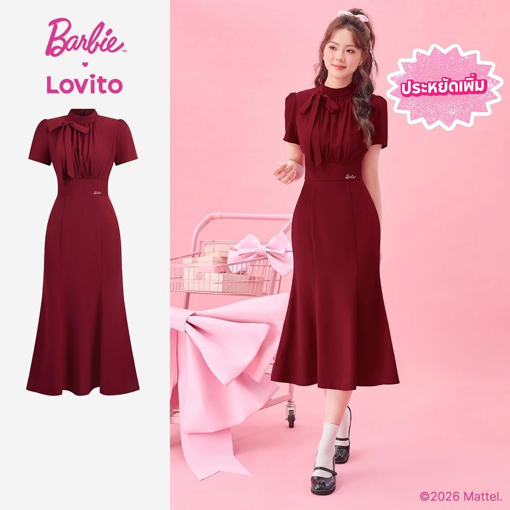 [Summer Sale] Barbie™ X Lovito Elegant เดรสลําลองชายระบายลายโบว์หน้าสําหรับฤดูใบไม้ผลิ/ฤดูร้อน สีคลาเร็ต สําหรับผู้หญิง DRBL2PAD046