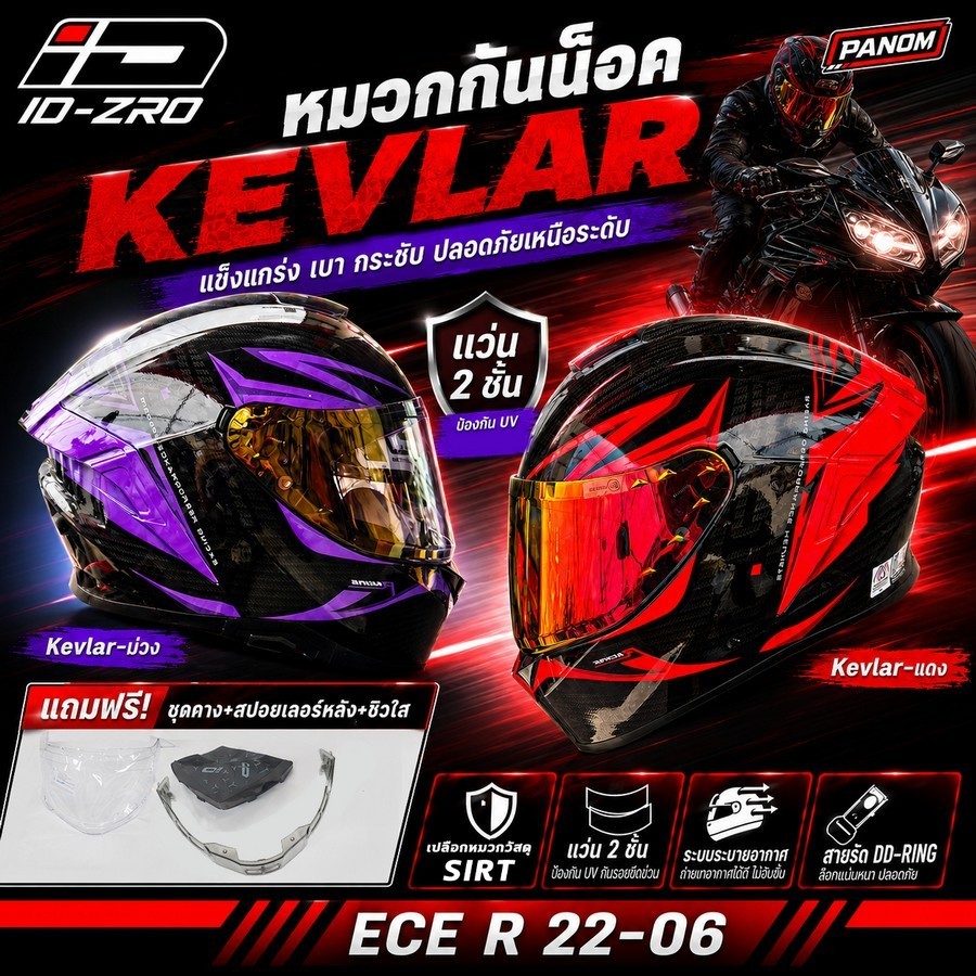 INDEX หมวกกันน็อค ID ZRO แว่น2ชั้น เต็มใบ ลาย Kevlar ไซส์ M-2XL เลือกสีได้ ทรงสปอร์ต มอก.369-2557