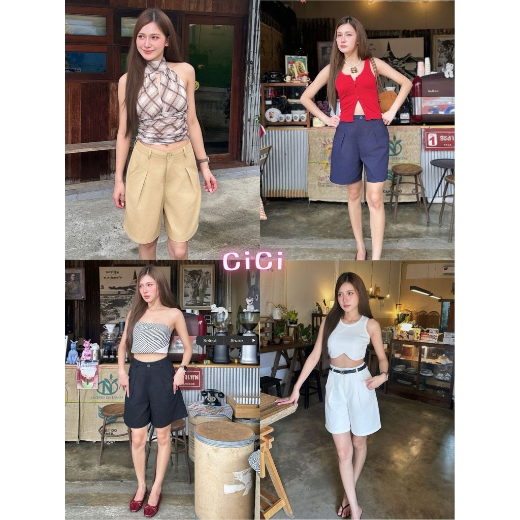 ส่งทันทีCici (No. 2610) กางเกงขาสั้นเอวสูง พลีทหน้า ทรงเกาหลี พรางต้นขา ใส่แล้วขาดูเรียวยาว