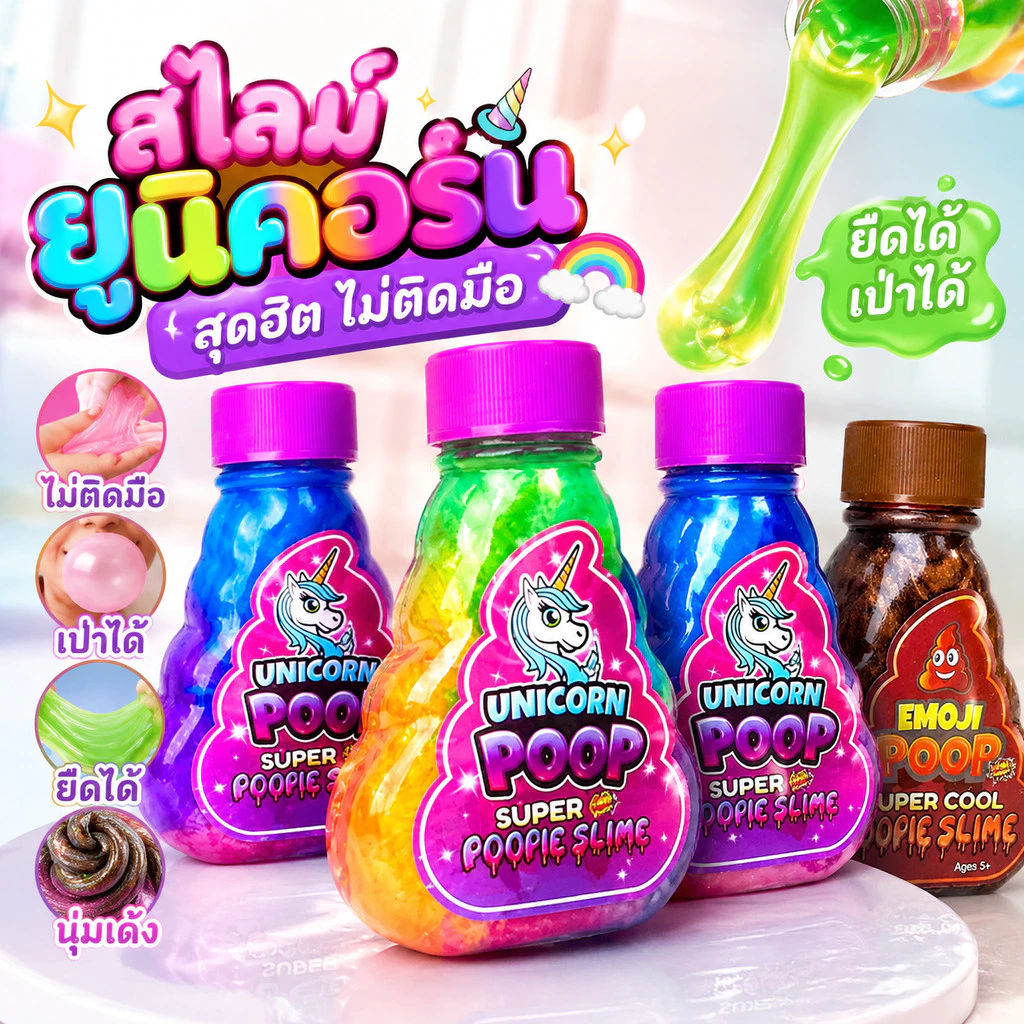 🦄ส่งไว🦄สไลม์ยูนิคอร์น สีรุ้ง ไม่ติดมือ ยืดได้ดี เป่าได้ ของเล่นคลายเครียด Slime Unicorn Poop สำหรับเด็ก