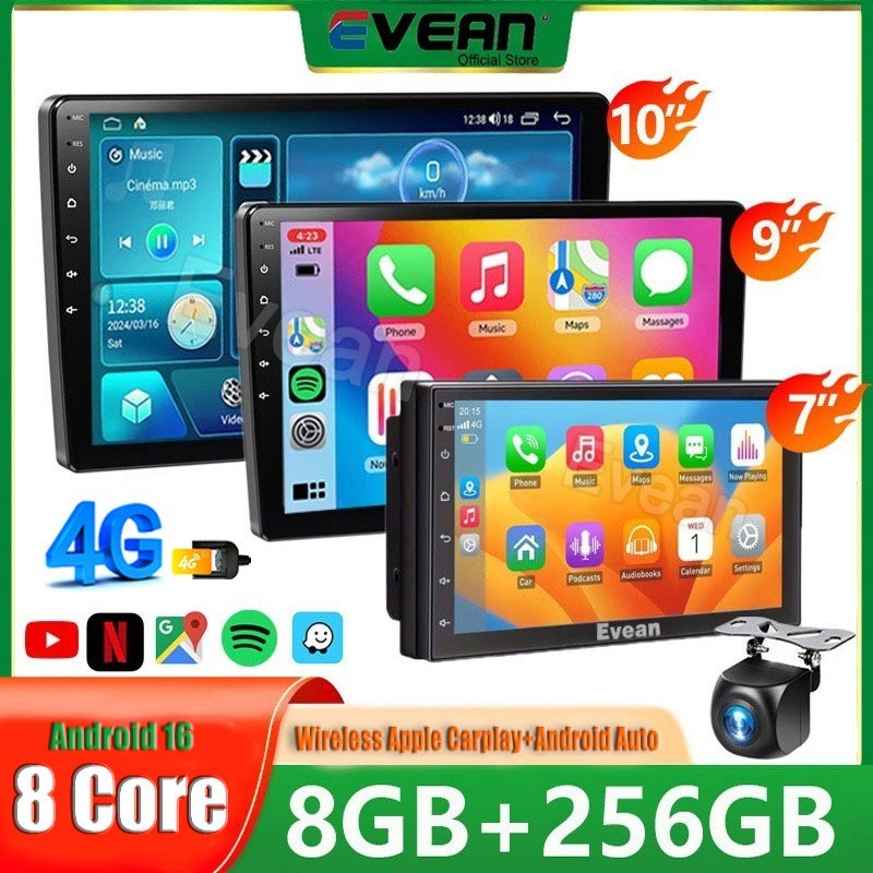 [8GB+256GB/8Core/4G SIM] Evean 10.1 "/9"7 นิ้ว 2din Octa Core Car Android Player มัลติมีเดีย Video Player Navigation พร้อมพัดลมระบายความร้อนและไร้สาย Apple Carplay Android Auto