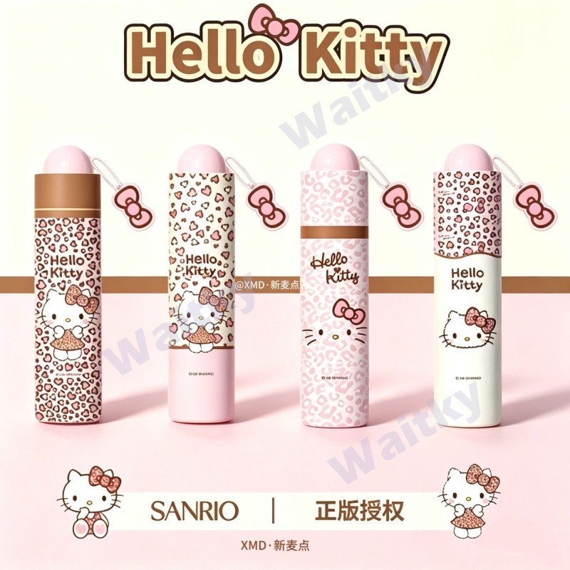 Waitky เสือดาวพิมพ์ซีรีส์ Hello KT Cat ร่มพับการ์ตูนน่ารักสําหรับ Sun Rain แบบพกพา