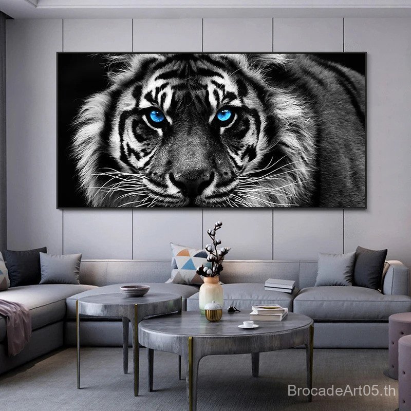 พิมพ์ที่ทันสมัยผ้าใบศิลปะสีดําและสีขาวหัวเสือภาพวาด Wall Art โปสเตอร์สัตว์ Art ภาพ Cuadros สําหรับตก