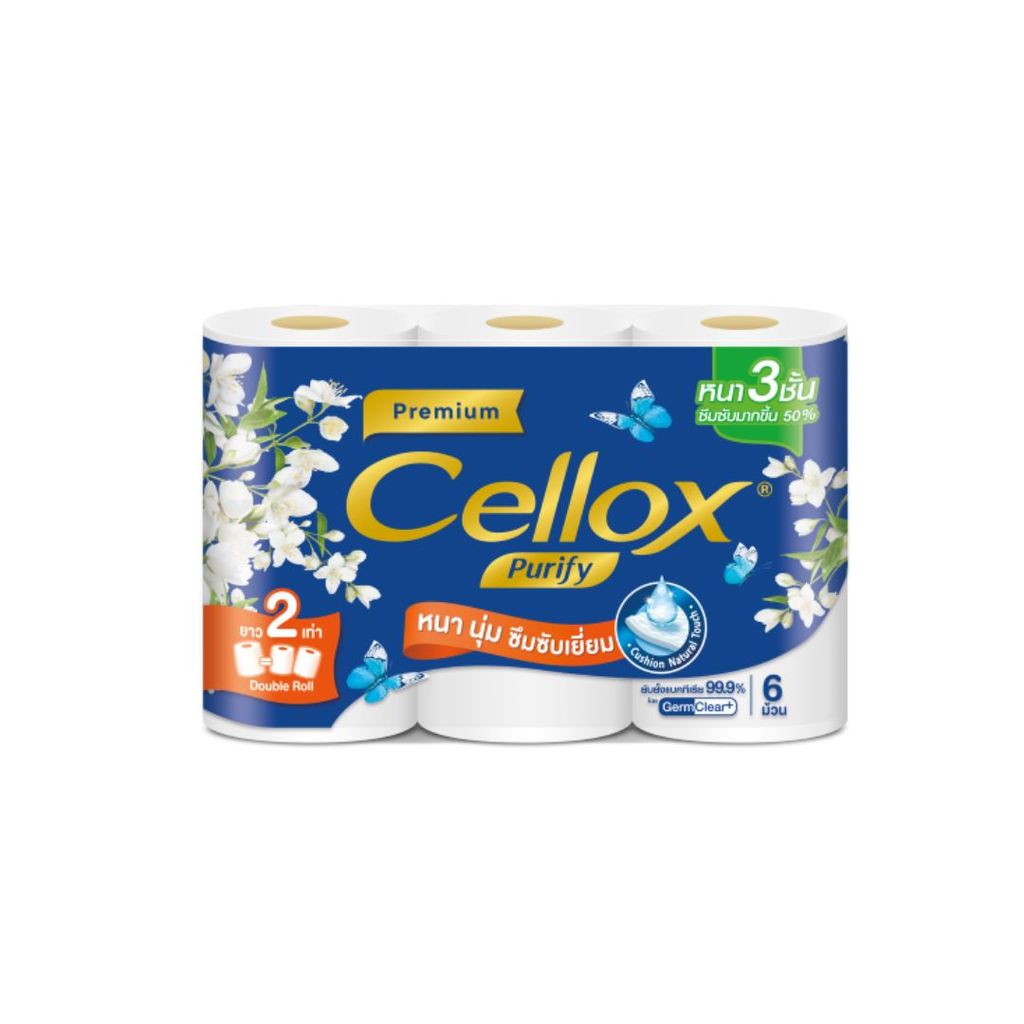เซลล็อกซ์ เพียวริฟายพรีเมียมกระดาษชำระ3ชั้นยาว2X Cellox Premium 3-Ply 2X 6Pcs.